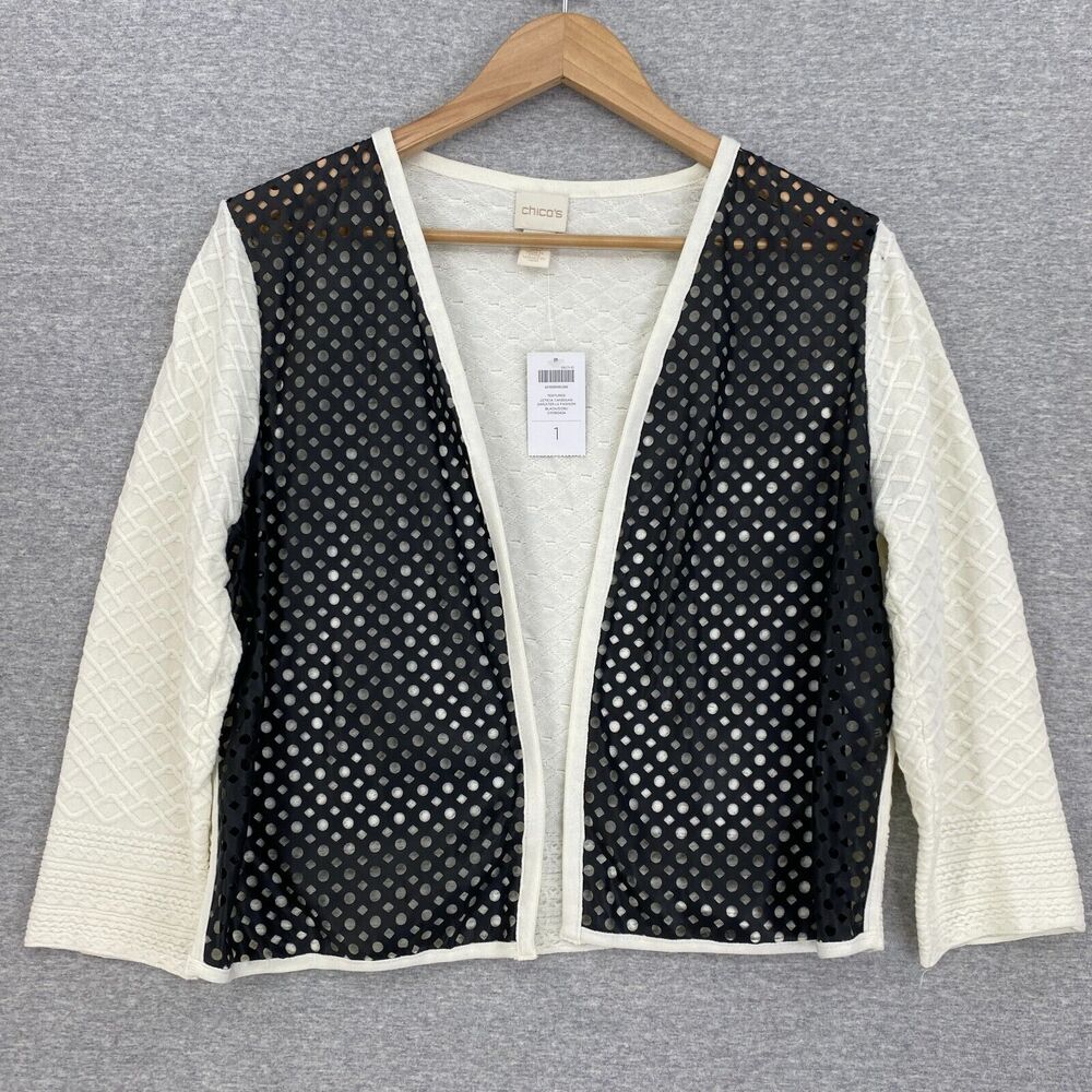 Chicos Cardigan Sweater Womens Medium Chico 1 Cream Black Texture Open Front NEW